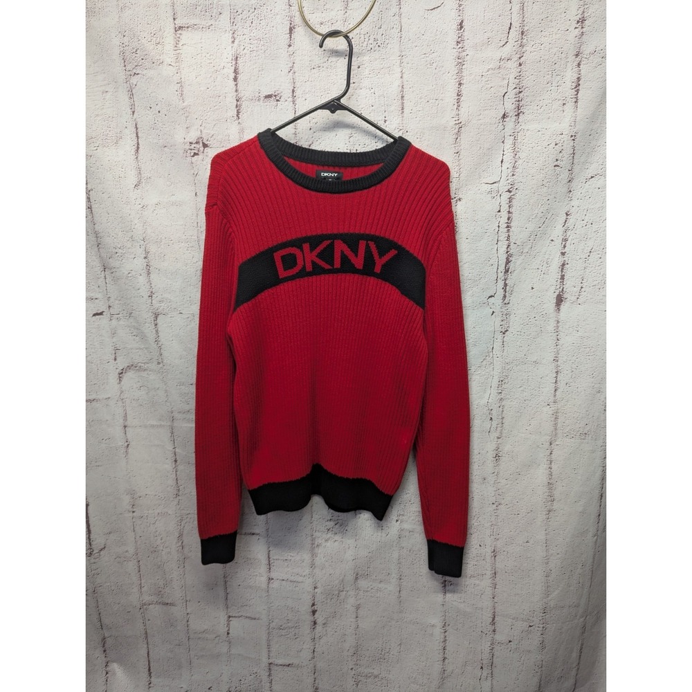 DKNY Mens Pullover Sweter Ribbed Red‎ W Black Trim, Size M Spell Out